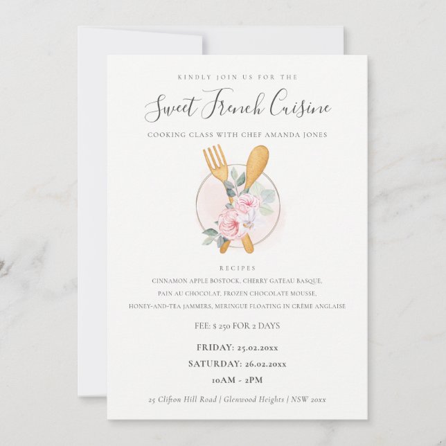 Tarjeta De Agradecimiento Spoon Fork Floral Bakery Cooking Class Invite (Anverso)