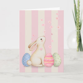 Tarjeta De Agradecimiento Spring Bunny and Eggs Pink Stripes 5x7 Easter Card