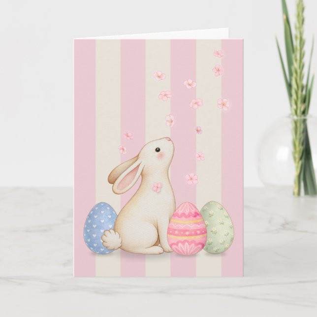 Tarjeta De Agradecimiento Spring Bunny and Eggs Pink Stripes 5x7 Easter Card (Anverso)