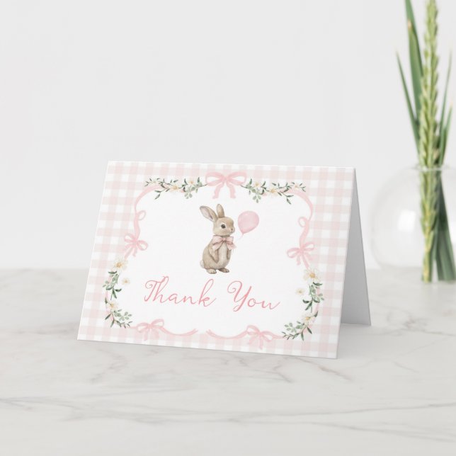 Tarjeta De Agradecimiento Spring Coquette Bunny Pink Gingham 1st Birthday (Anverso)