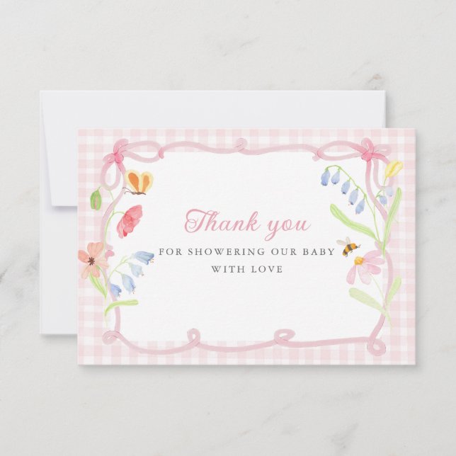 Tarjeta De Agradecimiento Spring Floral Pink Gingham Baby Shower (Anverso)