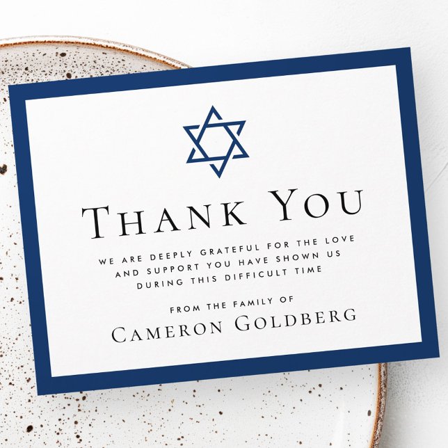 Tarjeta De Agradecimiento Star of David dark blue border funeral sympathy (Star of David dark blue border funeral sympathy Thank You Card)