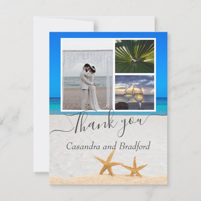 Tarjeta De Agradecimiento Starfish de playa tropical en Boda de arena (Anverso)