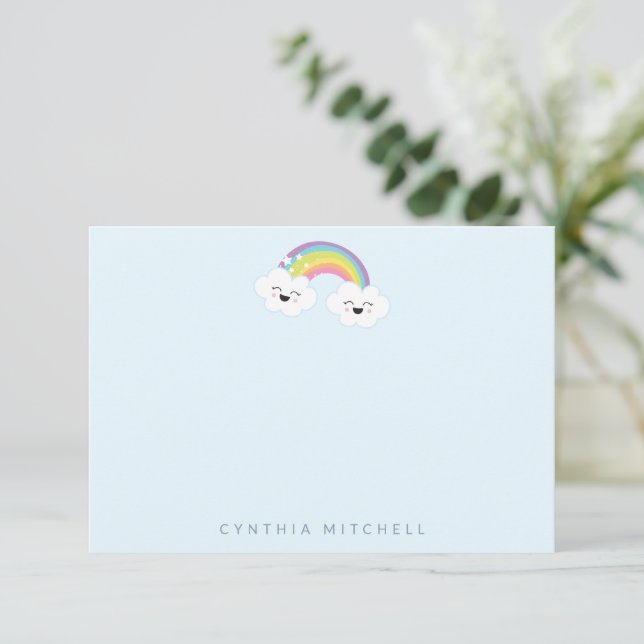 Tarjeta De Agradecimiento Stationery personalizada Kawaii Rainbow Light Blue (Anverso de pie)