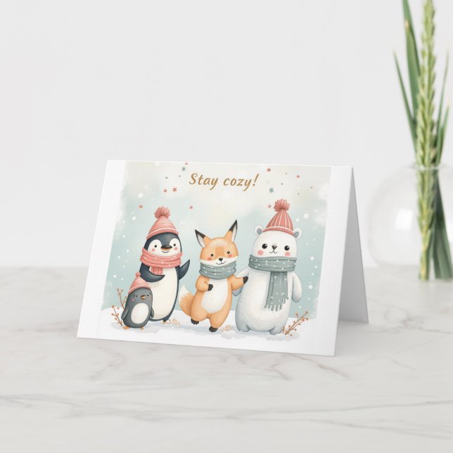 Tarjeta De Agradecimiento Stay Cozy Winter Animals Greeting Card (Anverso)