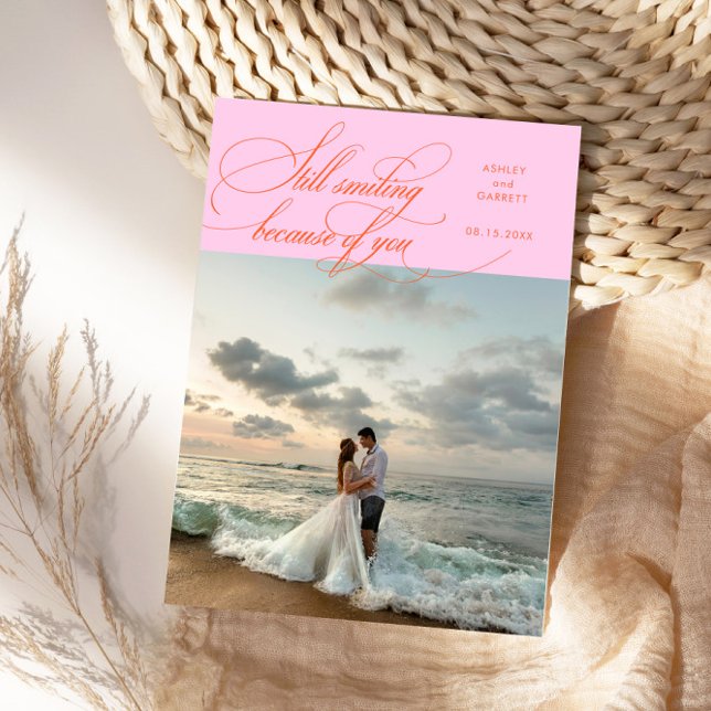 Tarjeta De Agradecimiento Still Smiling Elegant Wedding Photo Orange Pink (Subido por el creador)