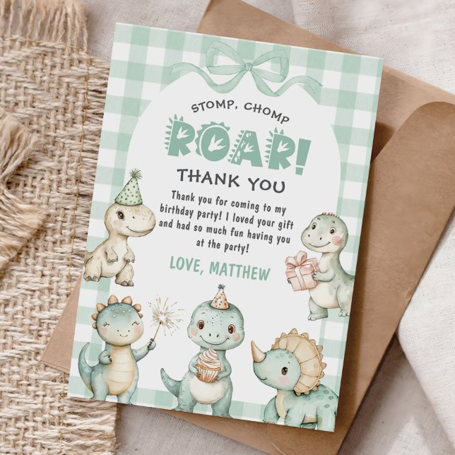 Tarjeta De Agradecimiento Stomp Chomp Roar Dinosaur Gingham Primer Cumpleaño (Subido por el creador)