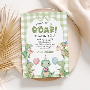Tarjeta De Agradecimiento Stomp Chomp Roar Dinosaur Gingham Primer Cumpleaño