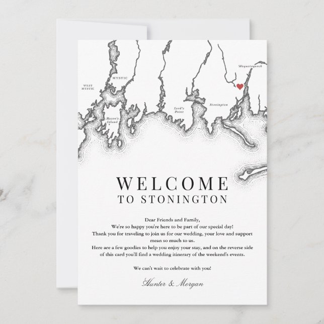 Tarjeta De Agradecimiento Stonington CT Boda Carta de bienvenida Blanco negr (Anverso)