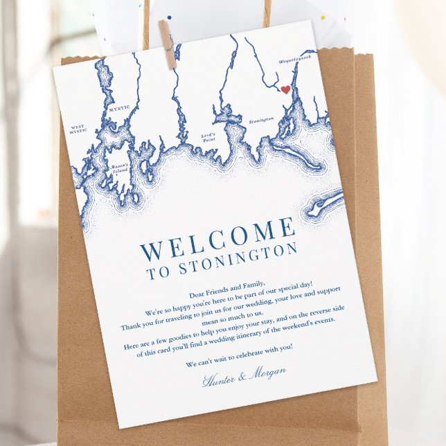 Tarjeta De Agradecimiento Stonington CT Map Boda Carta de bienvenida Navy az (Stonington CT Map Wedding Welcome letter and weekend events itinerary in elegant navy blue)