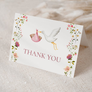 Tarjeta De Agradecimiento Stork Delivery Pink Floral Garden Chica Baby Showe