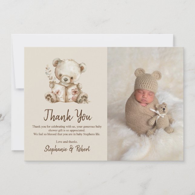 Tarjeta De Agradecimiento Storybook Bear Photo Baby Shower Gracias (Anverso)