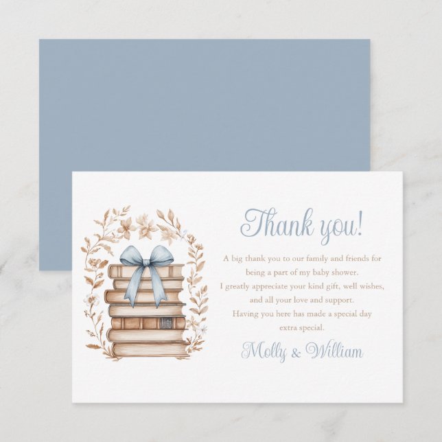 Tarjeta De Agradecimiento Storybook Blue Bow Baby Shower  (Anverso / Reverso)