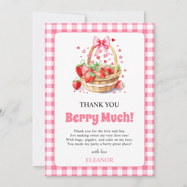 Tarjeta De Agradecimiento Strawberries hearts bow Berry First Birtday photo (Anverso)