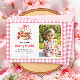 Tarjeta De Agradecimiento Strawberries, pink bow Berry First Birtday photo