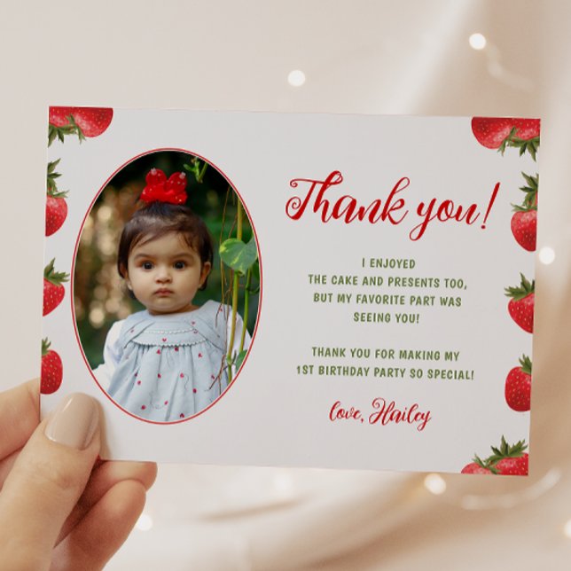 Tarjeta De Agradecimiento Strawberry Berry Primer cumpleaños foto retro (Subido por el creador)