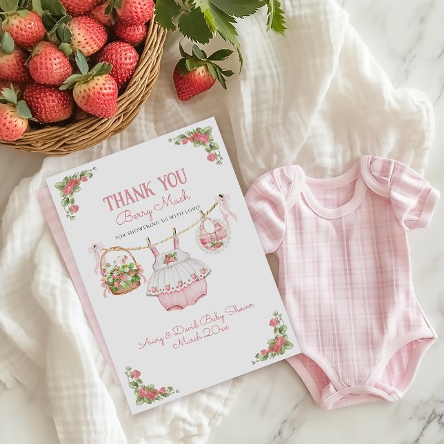 Tarjeta De Agradecimiento Strawberry Berry Sweet Modern Baby Girl Shower (Subido por el creador)