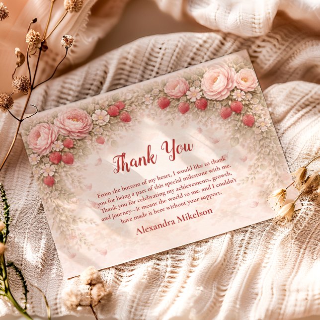 Tarjeta De Agradecimiento Strawberry Blush Garden Celebration 1st Birthday (Subido por el creador)