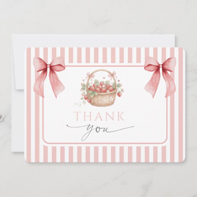 Tarjeta De Agradecimiento Strawberry Pink Stripe Bow Girl Baby shower (Anverso)