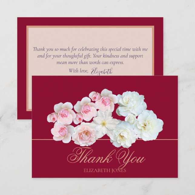 Tarjeta De Agradecimiento Stylish Botanical Pink White Rose Floral Thank You (Anverso / Reverso)