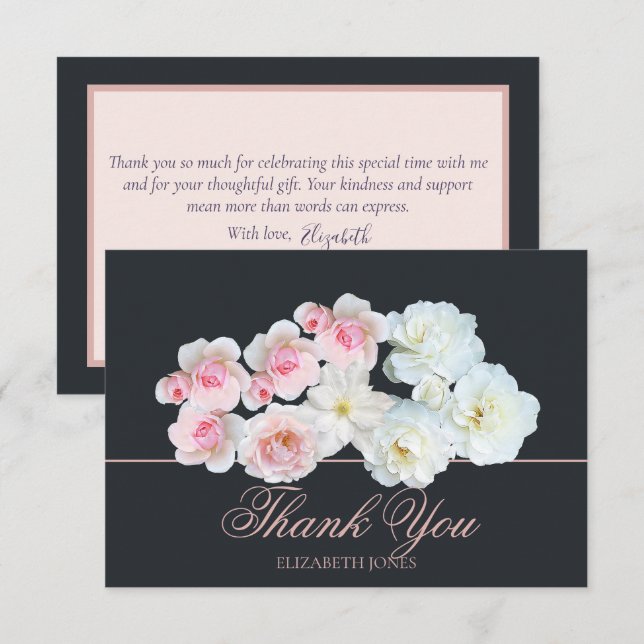Tarjeta De Agradecimiento Stylish Botanical Pink White Rose Floral Thank You (Anverso / Reverso)