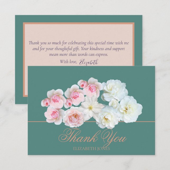 Tarjeta De Agradecimiento Stylish Botanical Pink White Rose Floral Thank You (Anverso / Reverso)