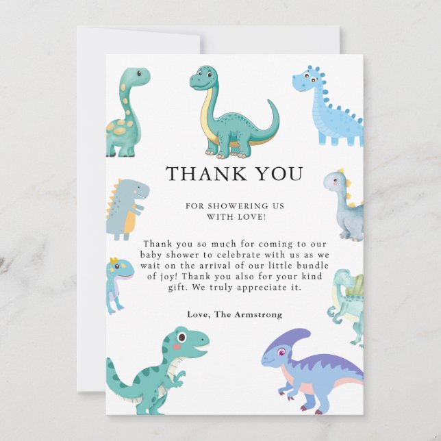 Tarjeta De Agradecimiento Stylish Dinosaur Baby Shower White (Anverso)