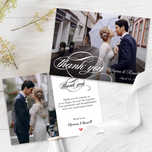 Tarjeta De Agradecimiento Stylish White Calligraphy Wedding Photo (Subido por el creador)