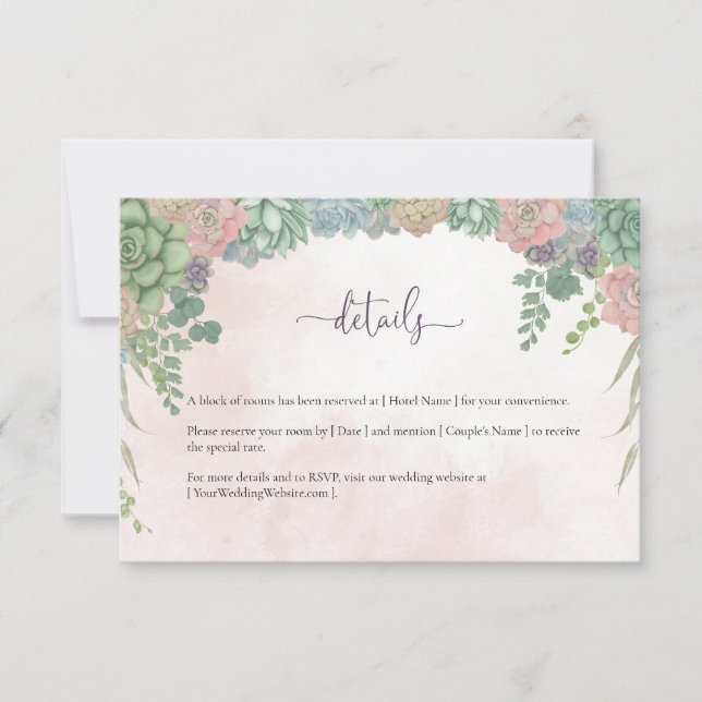 Tarjeta De Agradecimiento Succulent Green and Blush Wedding Details Card (Anverso)