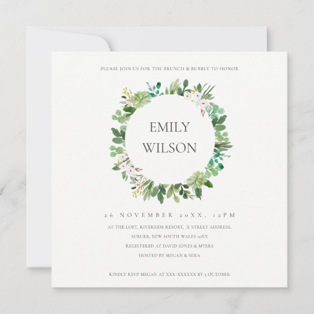 TARJETA DE AGRADECIMIENTO SUCCULENTE VERDE FAUNA BRUNCH BUBBLY INVITAR (Anverso)