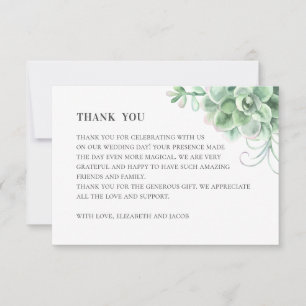 Tarjeta De Agradecimiento Suculentas acuarela. Cactus de boda. Botánico