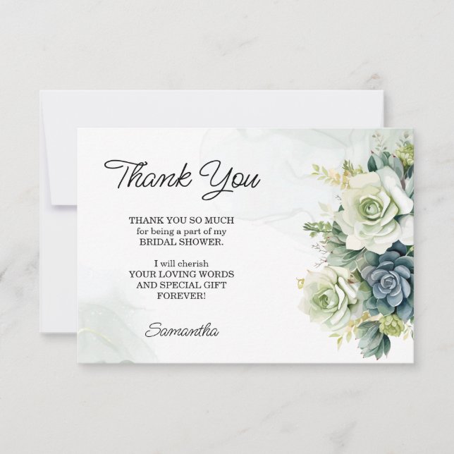 Tarjeta De Agradecimiento Suculentas, rosas y vegetación Ducha de Novias (Anverso)