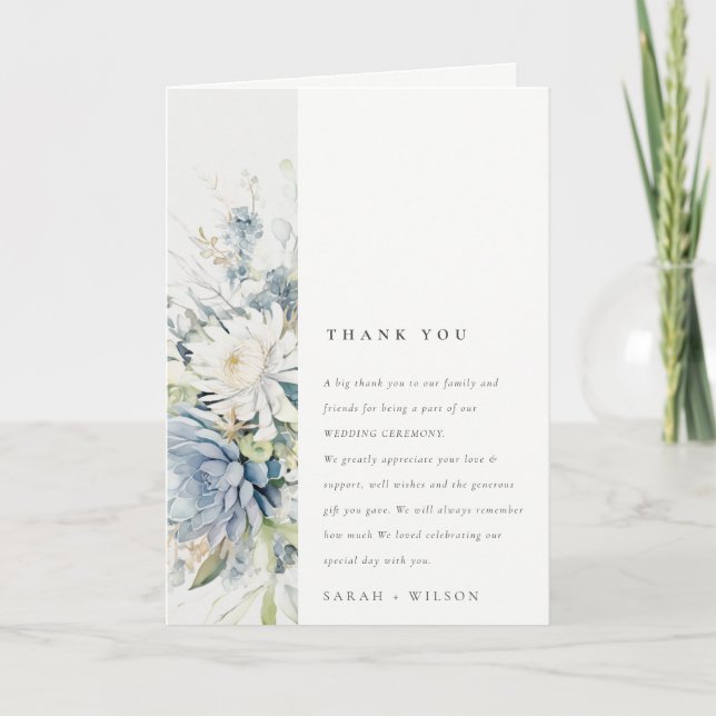 Tarjeta De Agradecimiento Suculento Boda botánico floral suave azul verde (Anverso)