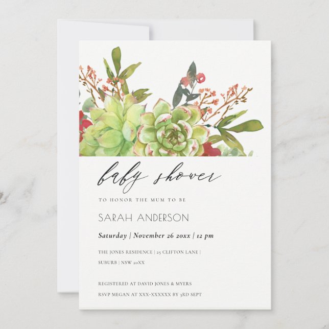 Tarjeta De Agradecimiento Suculento Cactus Red Floral Baby Shower Invite (Anverso)