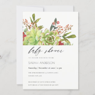 Tarjeta De Agradecimiento Suculento Cactus Red Floral Baby Shower Invite