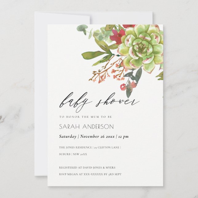 Tarjeta De Agradecimiento Suculento Cactus Red Floral Baby Shower Invite (Anverso)