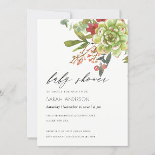 Tarjeta De Agradecimiento Suculento Cactus Red Floral Baby Shower Invite