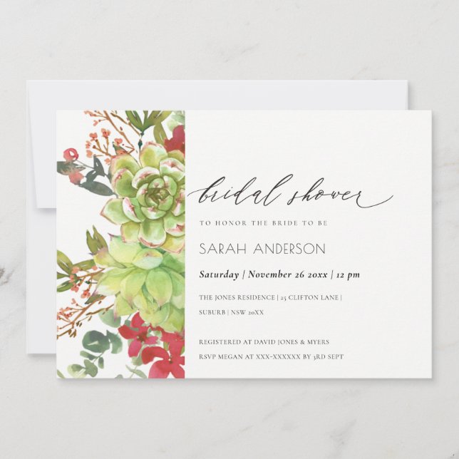 Tarjeta De Agradecimiento Suculento Cactus Rojo Floral Bridal Shower Invite (Anverso)