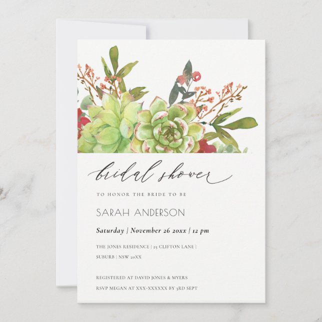 Tarjeta De Agradecimiento Suculento Cactus Rojo Floral Bridal Shower Invite (Anverso)