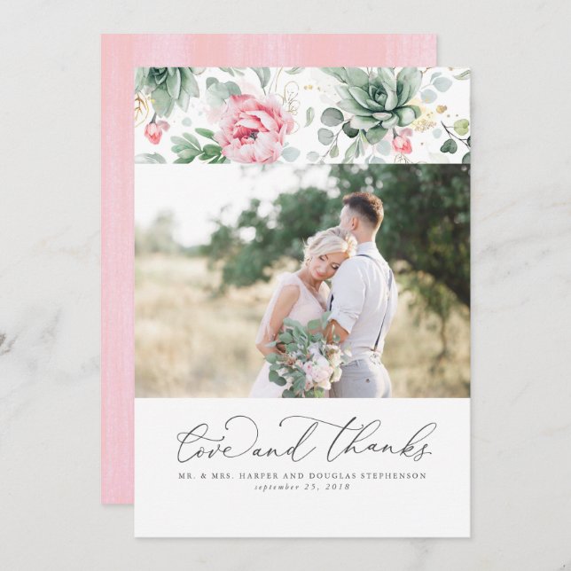 Tarjeta De Agradecimiento Suculento verde Elegante Boda Rosa Gracias (Anverso / Reverso)