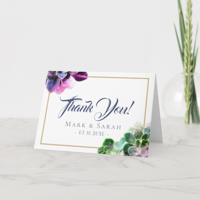 Tarjeta De Agradecimiento Suculentos púrpura con Boda de línea de Tan de tex (Anverso)