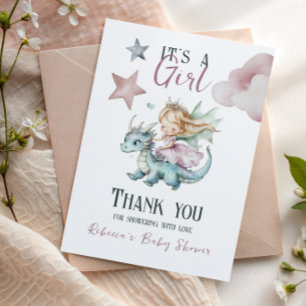 Tarjeta De Agradecimiento Sueño de Cuento de Hadas Dragón Rosa Fiesta de Beb
