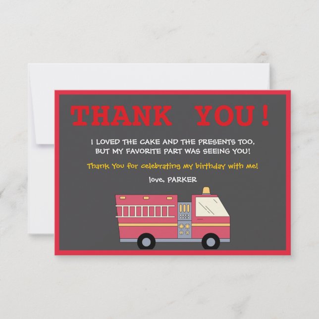 Tarjeta De Agradecimiento Suministros de cumpleaños para bomberos con camión (Anverso)