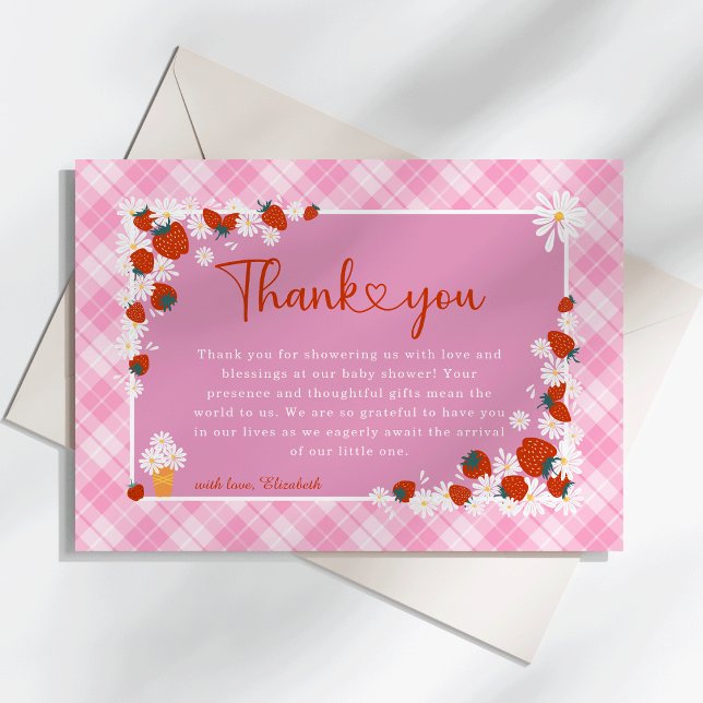 Tarjeta De Agradecimiento Summer Daisy Flower Berry Sweet Baby Shower (Someone Berry Sweet is on the Way Summer Daisy Flower & Strawberry Pink Plaid  Baby Shower Thank You)
