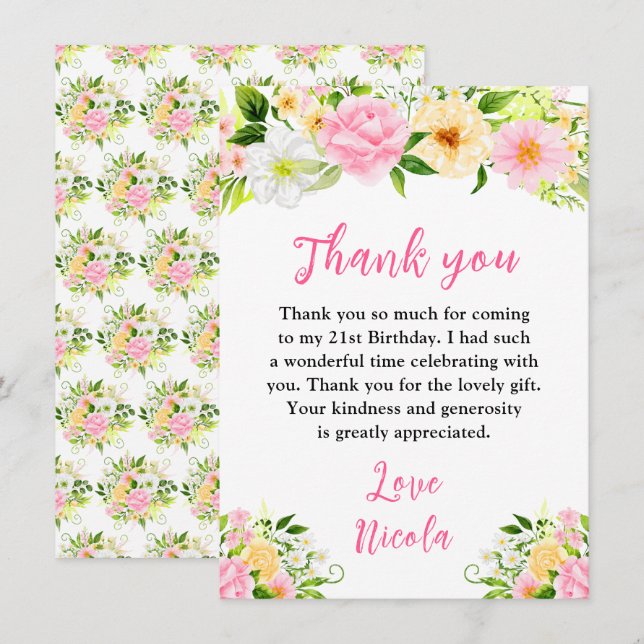 Tarjeta De Agradecimiento Summer Pink and Yellow Flowers Birthday (Anverso / Reverso)