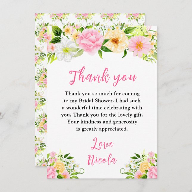Tarjeta De Agradecimiento Summer Pink and Yellow Flowers Bridal Shower (Anverso / Reverso)