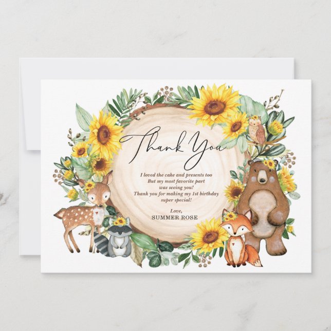 Tarjeta De Agradecimiento Summer Sunflower Woodland Primer cumpleaños Gracia (Anverso)