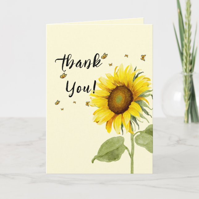 Tarjeta De Agradecimiento Sunflower acuarela con Baby Shower de mariposas (Anverso)
