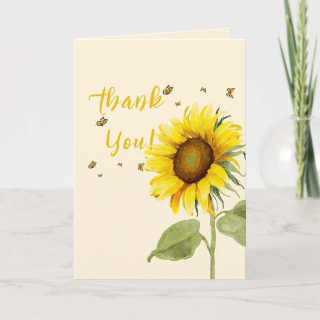 Tarjeta De Agradecimiento Sunflower acuarela con Baby Shower de mariposas (Anverso)