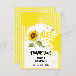 Tarjeta De Agradecimiento Sunflower acuarela con mariposas Primer cumpleaños